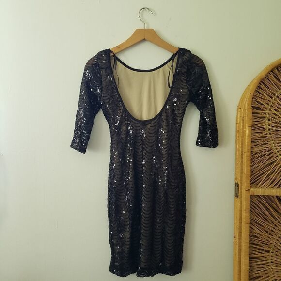 FINAL SALE Papaya Black Sequin Mini Dress Nude Lining S Art Deco - Picture 4 of 8